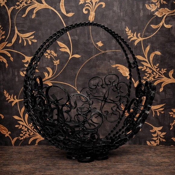 Vintage Spanish Gothic Revival Wrought Iron Basket Decor Ornate Fruit Bowl